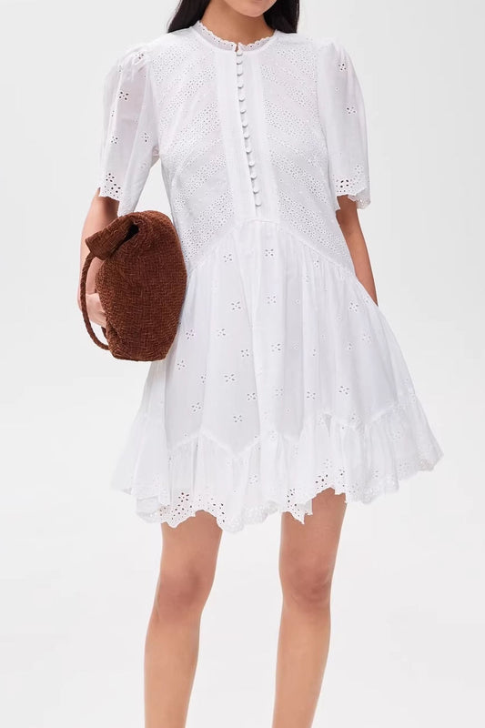 Hollow Out White Lightweight Non Stretch Fan Shaped Lace Eyelet Dress