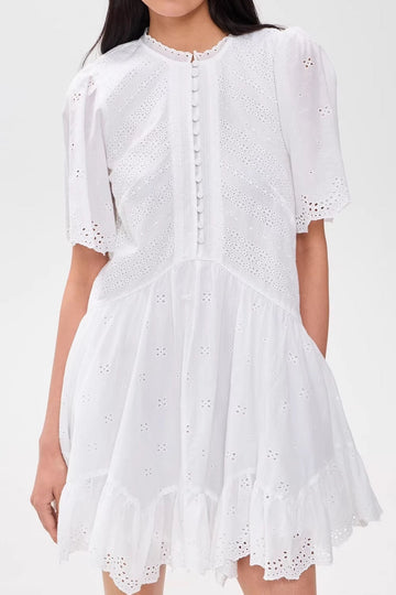 Hollow Out White Lightweight Non Stretch Fan Shaped Lace Eyelet Dress