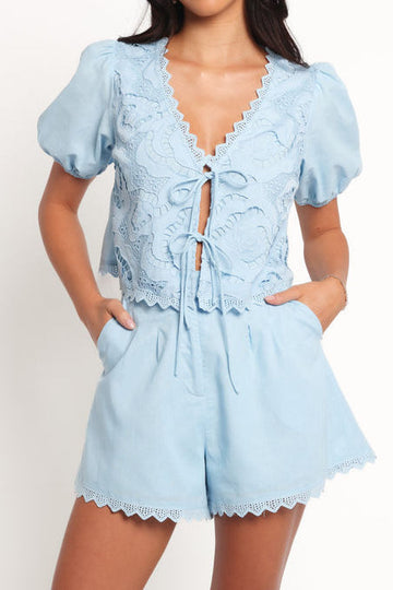 V Neck Tie Bow Puff Sleeve Top And Casual Shorts Set