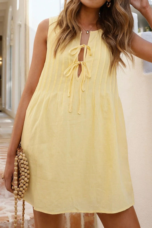 Front Tie Shirring Stripe Patchwork Sleeveless Short Dress