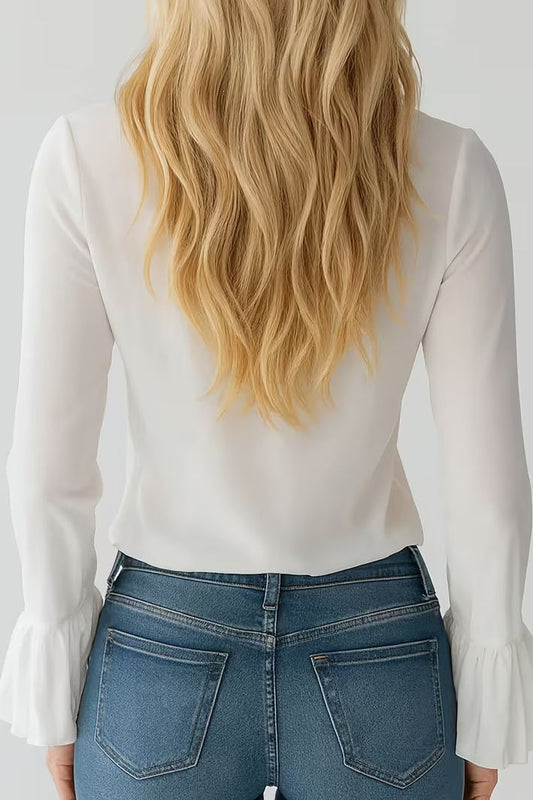 French Elegant Ruffled Solid Color V-Neck Puff Sleeve Blouse