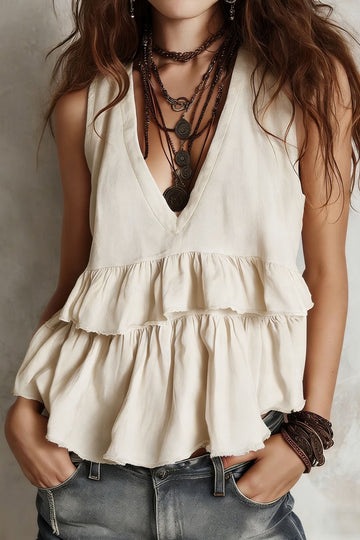 Cotton Linen Tank Top Minimalist Elegant V-Neck Sleeveless Top