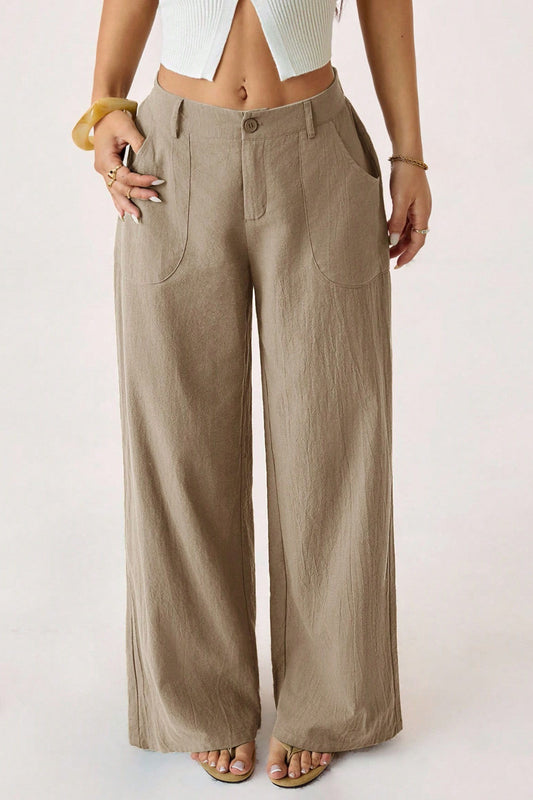 Loose Linen Casual Pants Zipper Pocket Draped Wide Leg Pants