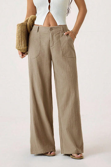 Loose Linen Casual Pants Zipper Pocket Draped Wide Leg Pants