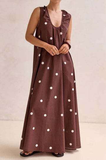Polka Dot Printed U-Neck Swing Loose Plus Size Sleeveless Maxi Dress