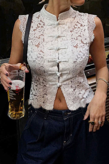 Elegant Lace Hollow Out Sleeveless New Chinese Style Blouse