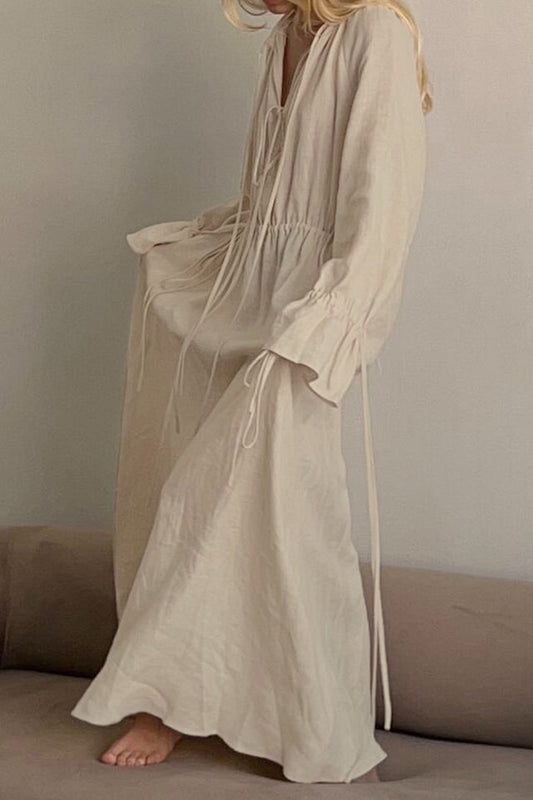 Spring Summer Long Sleeve Ruched Tie Flare Sleeve Lazy Comfortable Maxi Dress
