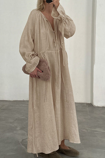 Spring Summer Long Sleeve Ruched Tie Flare Sleeve Lazy Comfortable Maxi Dress