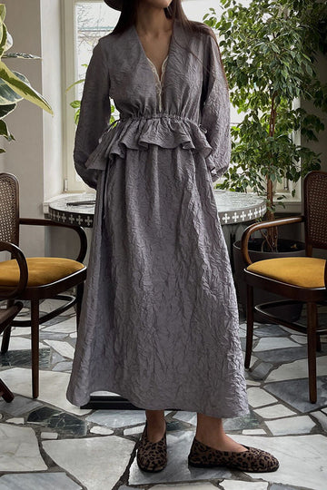Pleated Texture Ruffled Lantern Sleeve Lace Trim Dress
