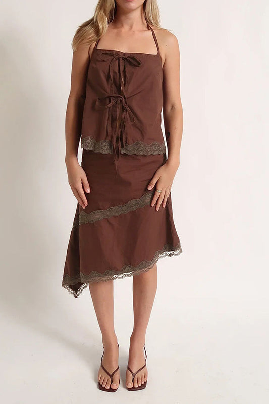Halter Tie Top Lace Trim Skirt Two-Piece Set
