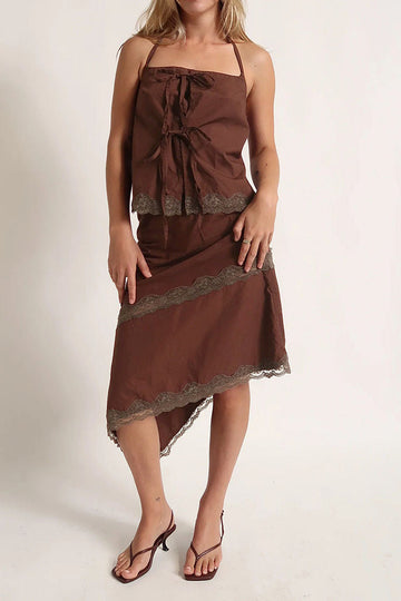 Halter Tie Top Lace Trim Skirt Two-Piece Set