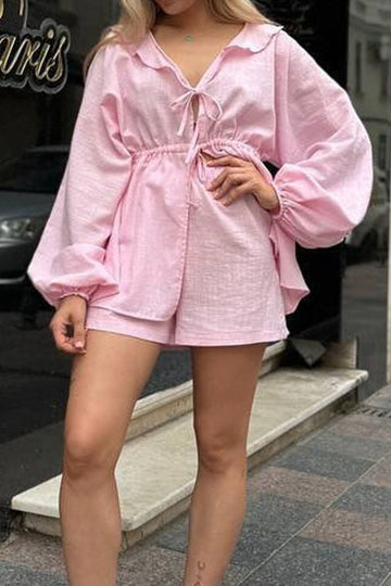 Ruffle Collar Waist Tie Lantern Sleeve Shirt Shorts Two-Piece Set