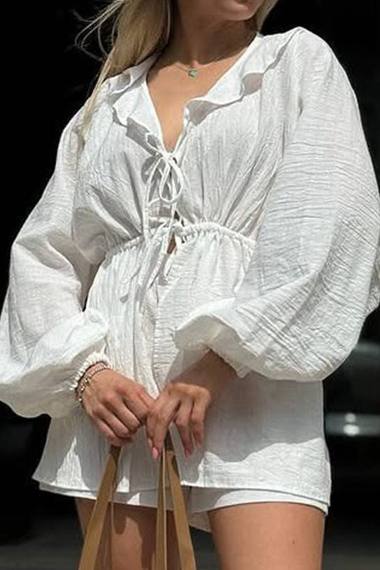 Ruffle Collar Waist Tie Lantern Sleeve Shirt Shorts Two-Piece Set