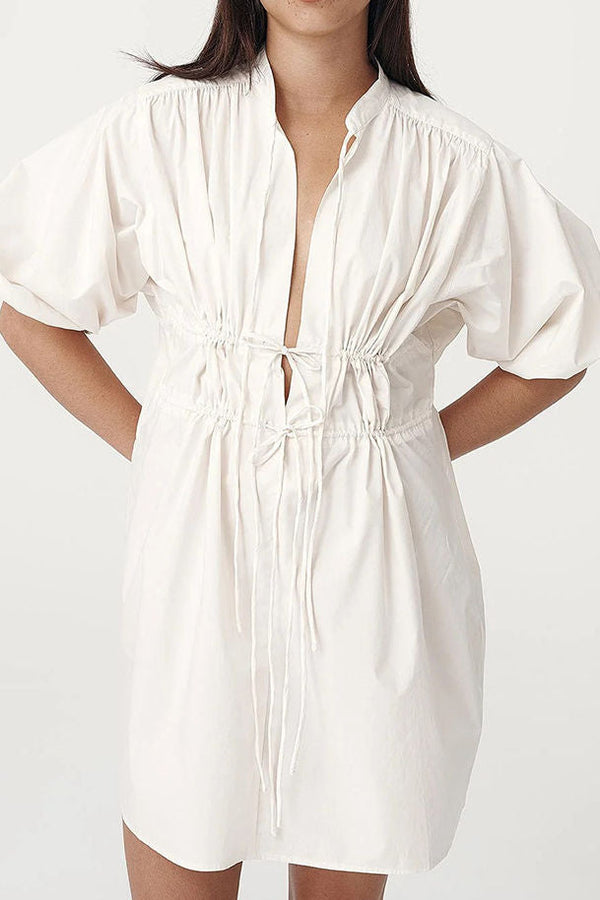 Drawstring Tie Waist Lantern Sleeve Short Shirt Dress