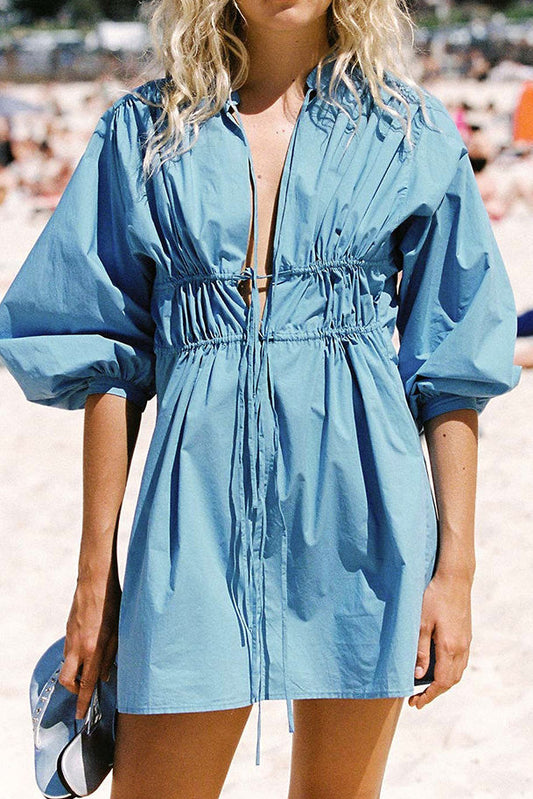 Drawstring Tie Waist Lantern Sleeve Short Shirt Dress