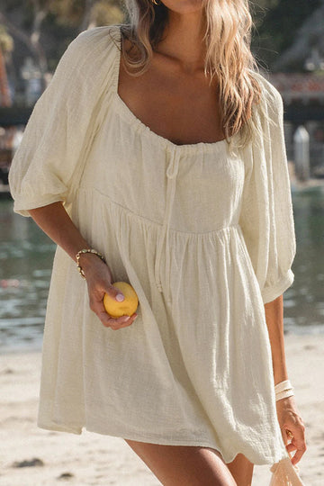 Square Neck Beach Vacation Five-Point Puff Sleeve Short Dress