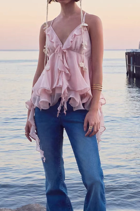 Ruffle Hem Summer Beach Vacation Off Shoulder Strapless Wrap Top