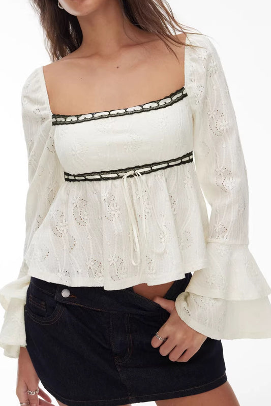 White Hollow Out Lace Bell Sleeve Square Neck Shirt