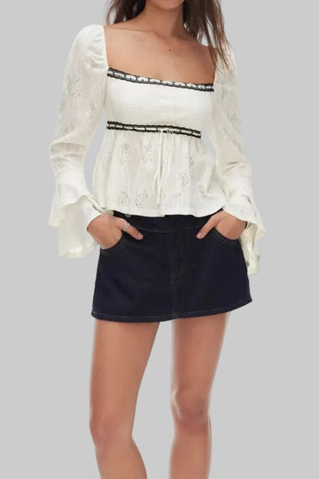 White Hollow Out Lace Bell Sleeve Square Neck Shirt