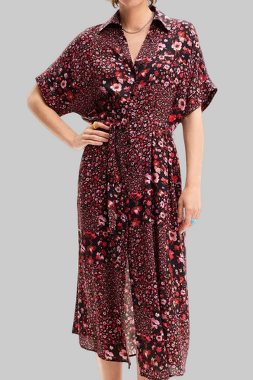 Polo Neck Short Sleeve Floral Dress