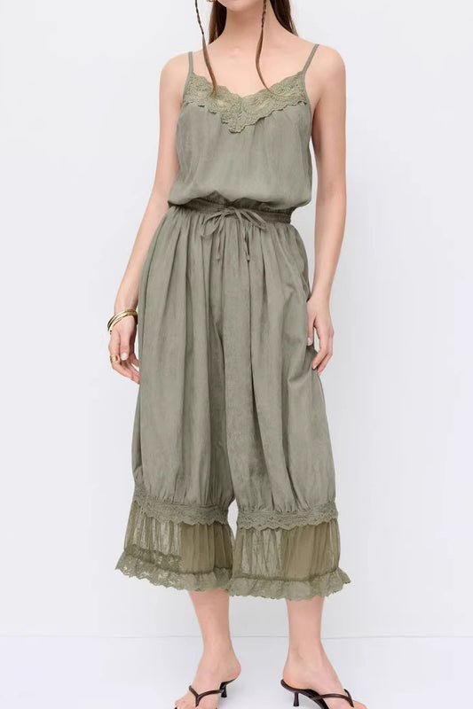 Spaghetti Strap Lace Ruffle Hem Loose Jumpsuit