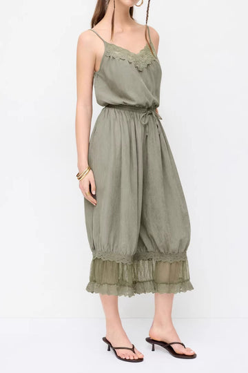 Spaghetti Strap Lace Ruffle Hem Loose Jumpsuit