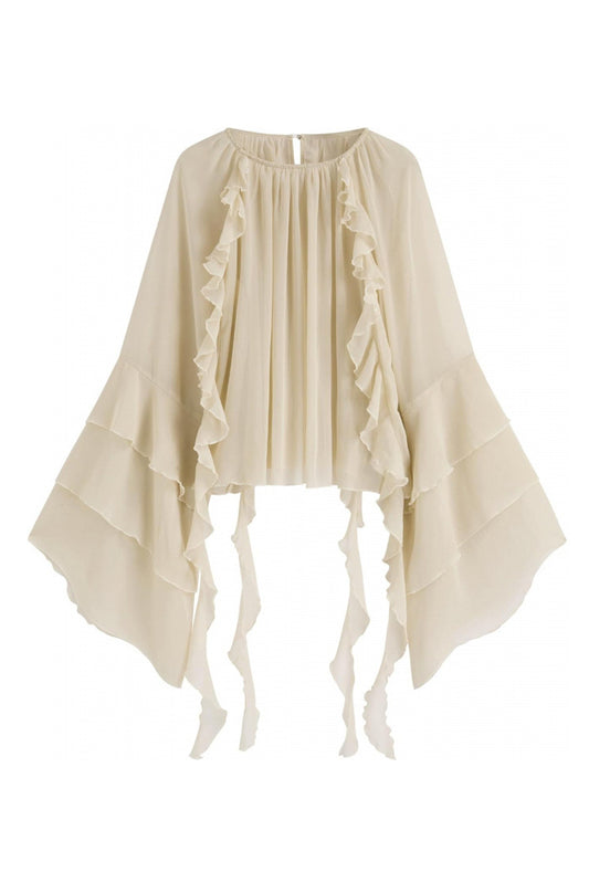 Casual Sheer Ruffle Hem Bell Sleeve Loose Chiffon Shirt