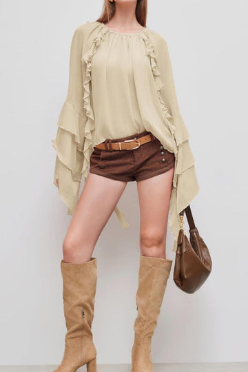 Casual Sheer Ruffle Hem Bell Sleeve Loose Chiffon Shirt