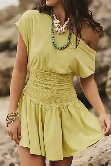 Elegant Off Shoulder Waist Cinching Solid Color Dress