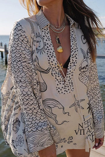 Vacation Style Printed Comfort Casual Low Neck Long Sleeve Shorts Two-Piece Set
