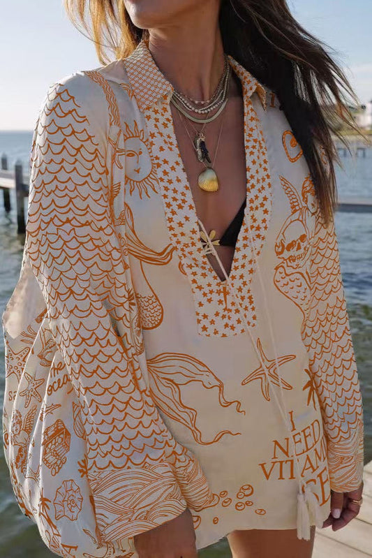 Vacation Style Printed Comfort Casual Low Neck Long Sleeve Shorts Two-Piece Set
