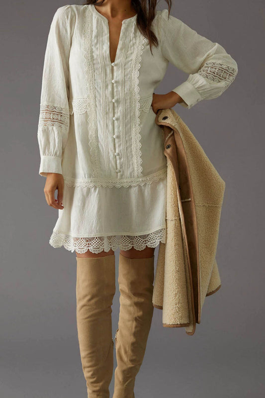 Bohemian Lace Trim Spliced Long Sleeve Dress