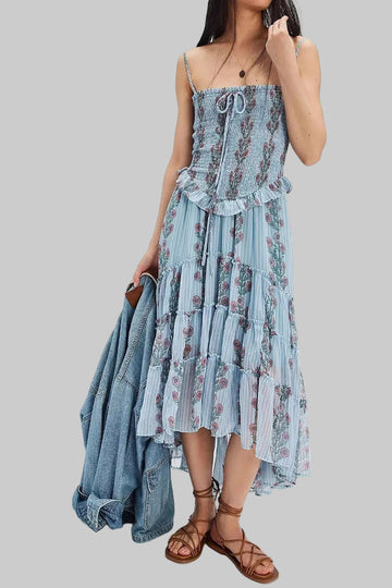 Printed Camisole Vacation Style Spliced Irregular Dress