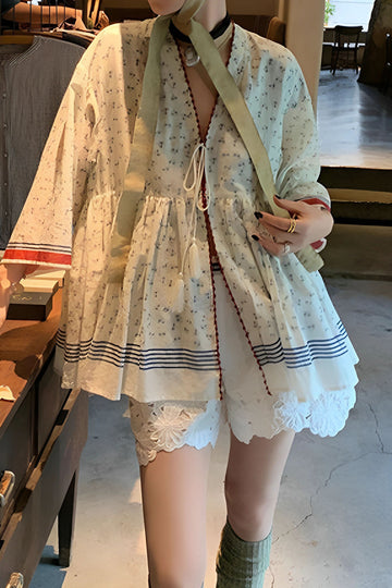 Small Floral Seven-Point Sleeve Tie Waist Kimono Top
