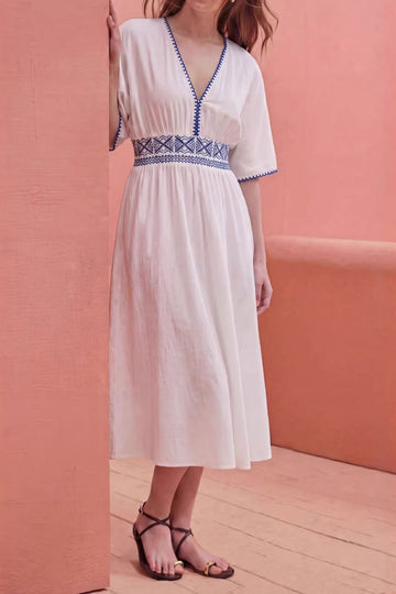 Embroidered V-Neck Elegant Long Dress