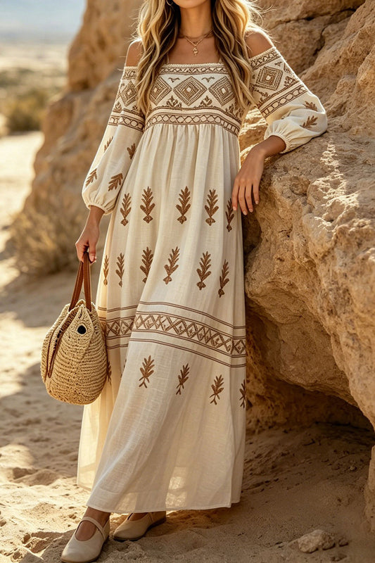 Retro Off-The-Shoulder Puff Sleeve Loose Vacation Beach Dress