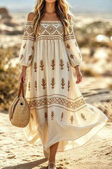 Retro Off-The-Shoulder Puff Sleeve Loose Vacation Beach Dress