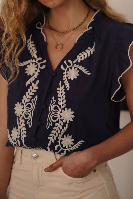 V-Neck Flutter Sleeve Embroidered Bohemian Tank Top