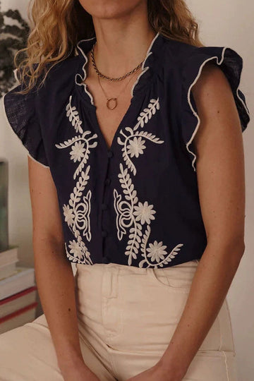 V-Neck Flutter Sleeve Embroidered Bohemian Tank Top