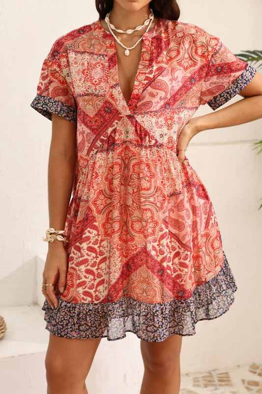 Printed Short Sleeve French Vacation Style V-Neck Spliced Dress