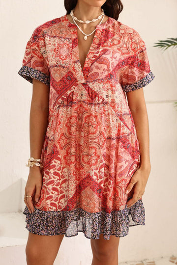 Printed Short Sleeve French Vacation Style V-Neck Spliced Dress