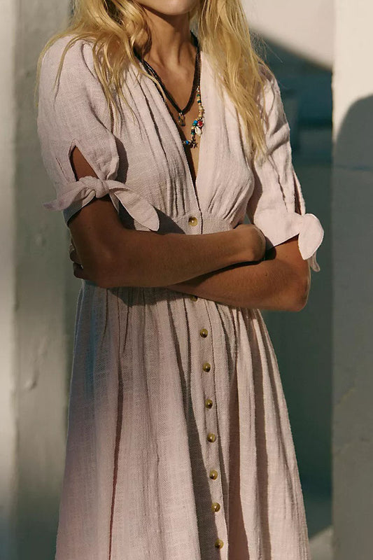 V-Neck Long Button Shirt Dress