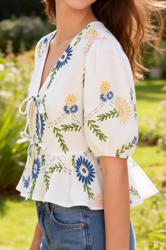 Floral V-Neck Drawstring Ruffled Top
