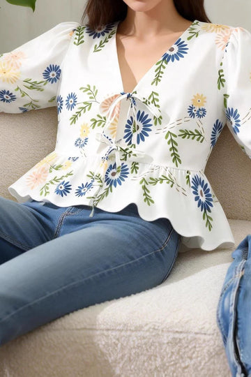 Floral V-Neck Drawstring Ruffled Top