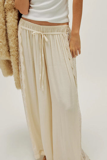 Lace Trim Spliced High Waist Versatile Draped Wide Leg Pants