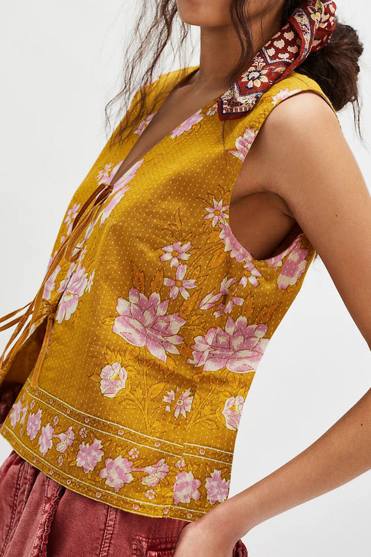 Bohemian Casual V-Neck Tie Sleeveless Printed Top