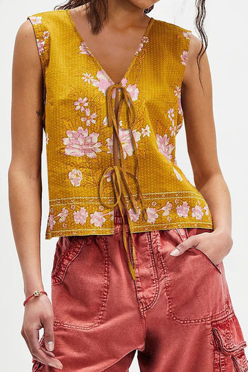 Bohemian Casual V-Neck Tie Sleeveless Printed Top