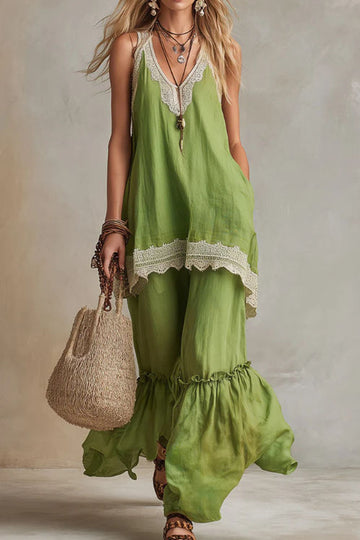 Green Linen Blend Top And Wide Pants Set