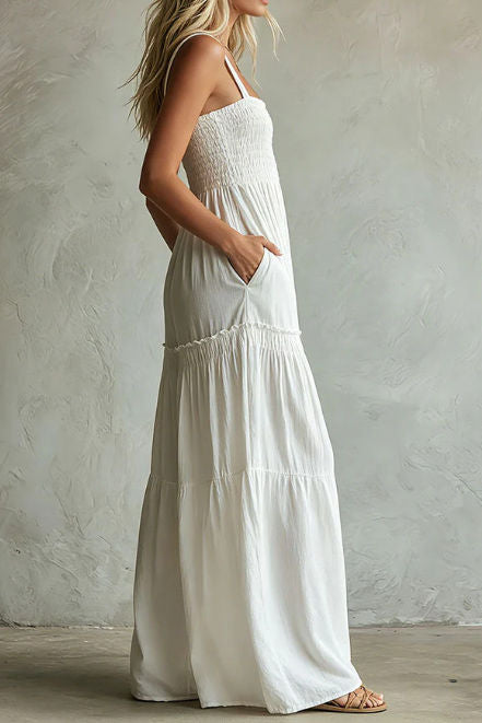 Sleeveless Pleated Square Neck Cotton Wide Leg Jumpsuit