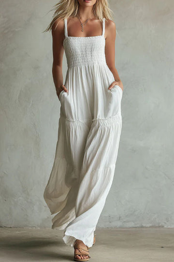 Sleeveless Pleated Square Neck Cotton Wide Leg Jumpsuit
